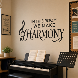 In This Room We Make Harmony wall decal near a piano in a music room