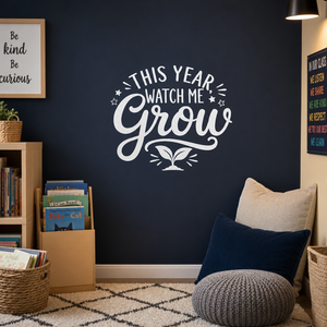 This Year Watch Me Grow wall decal on a dark accent wall in a reading nook