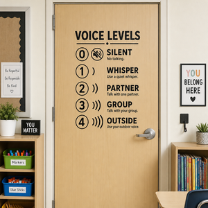 Voice Levels 0-4 wall decal on classroom door - black vinyl voice level chart for teachers