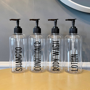 SET of 4 Clear plastic bathroom bottles with pump, Rae Dunn Inspired bottles