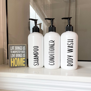 Refillable Shampoo & Conditioner bottles, body wash, Rae Dunn Inspired Bathroom, The Artsy Spot