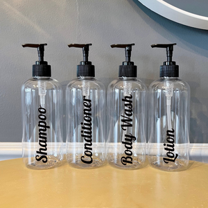 Refillable Clear Shampoo and Conditioner bottles, modern bathroom bottles
