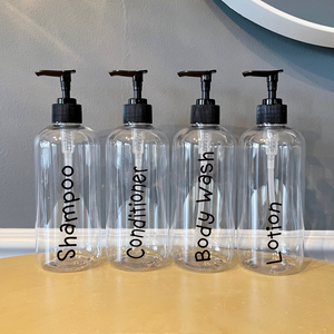Refillable shampoo & conditioner bottles, soap dispenser pump bottles