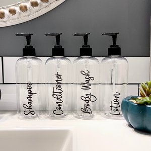 Clear bathroom bottles with pump, Refillable shampoo & conditioner bottles, Airbnb decor ideas, VRBO decor