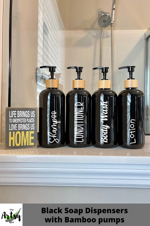 black soap dispensers with bamboo pump, black shampoo and conditioner bottles