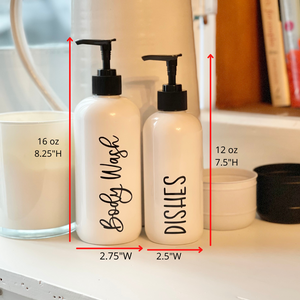 size chart for 12 and 16 oz bottles, soap dispensers