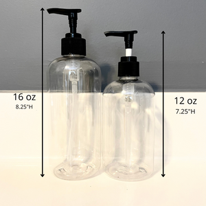 16 oz and 12 oz clear refillable bathroom bottles