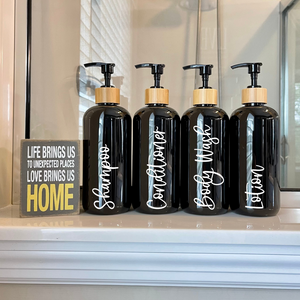 black bathroom bottles for shampoo, conditioner, body wash, lotion, bottles with bamboo pump