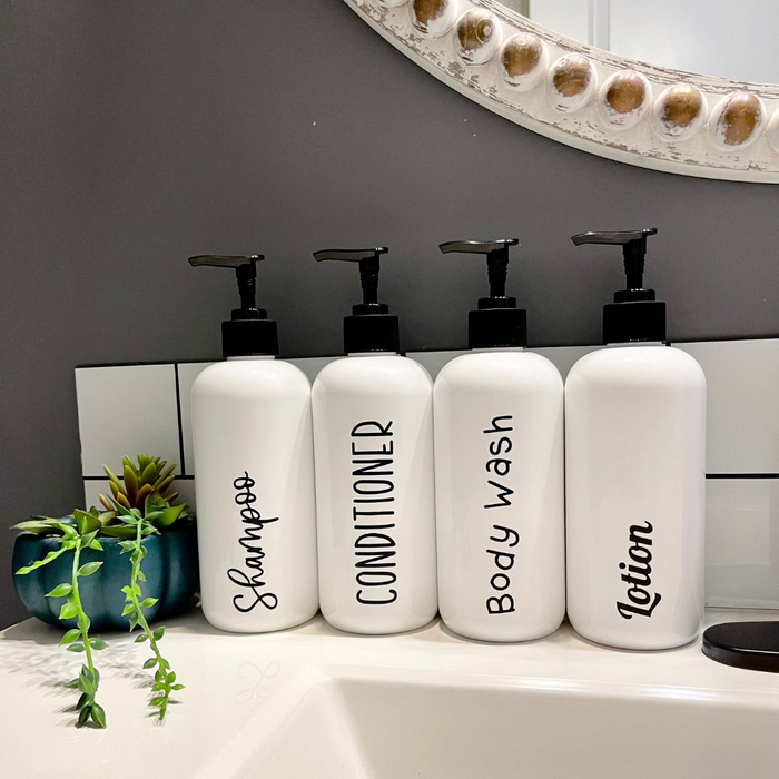 Refillable Shampoo and Conditioner bottles, White plastic bottles with pump