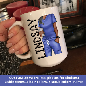 Nurse coffee cup mug, personalized nurse gift with nurse in scrubs and name