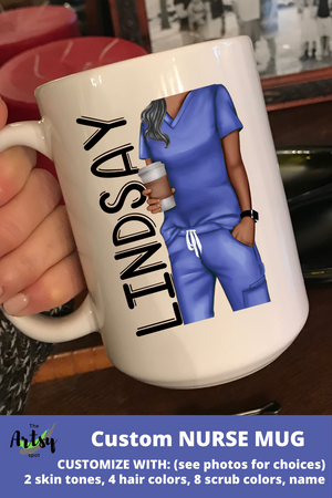 Personalized nurse mug with nurse in scrubs and name, choose skin tone, hair color, scrubs color