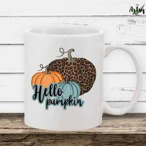 Hello Pumpkin Coffee mug, Fall coffee mug, Fall Coffee cup, Cute fall gift, Leopard pumpkin, teal pumpkin