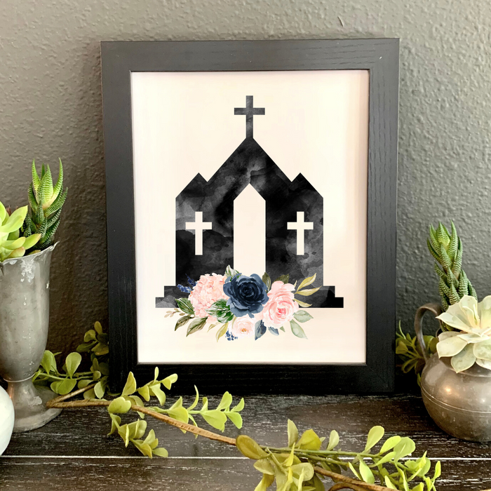 Watercolor Church wall print with cross and watercolor flowers
