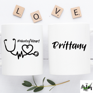 #workofheart coffee mug with stethoscope, Personalized gift for nurse