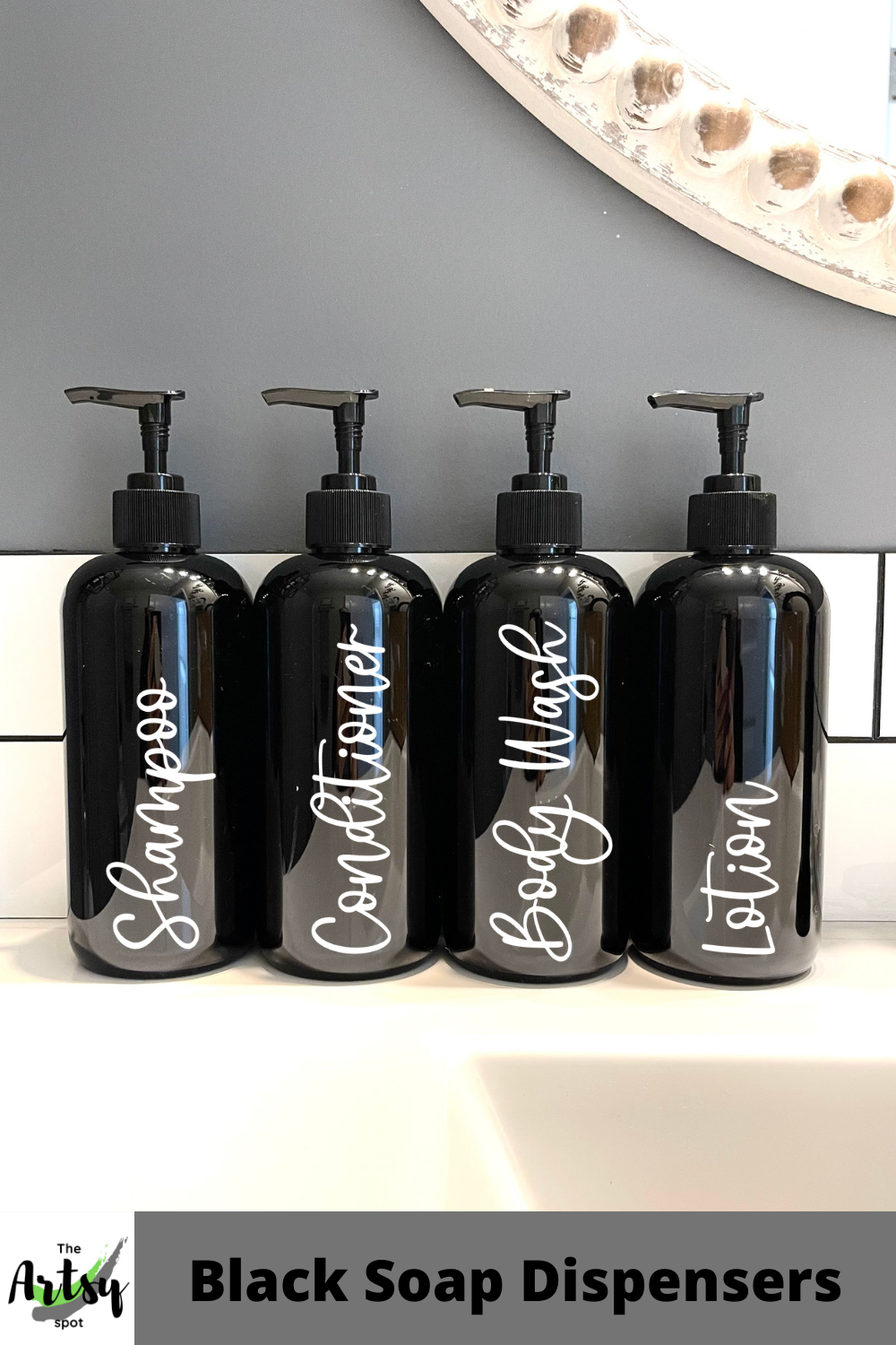 SET of 4 black bathroom bottles with pump, black soap dispensers – The Artsy Spot