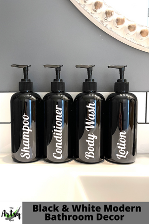 SET of 4 black plastic bathroom bottles with pump, Refillable shampoo & conditioner bottles, black & white modern bathroom decor