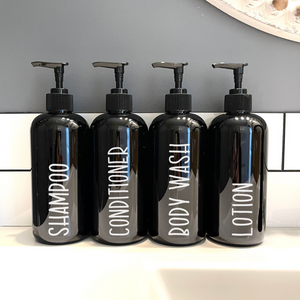 SET of 4 black plastic bathroom bottles with pump, Refillable shampoo & conditioner bottles, Farmhouse bathroom, Airbnb ideas VRBO decor