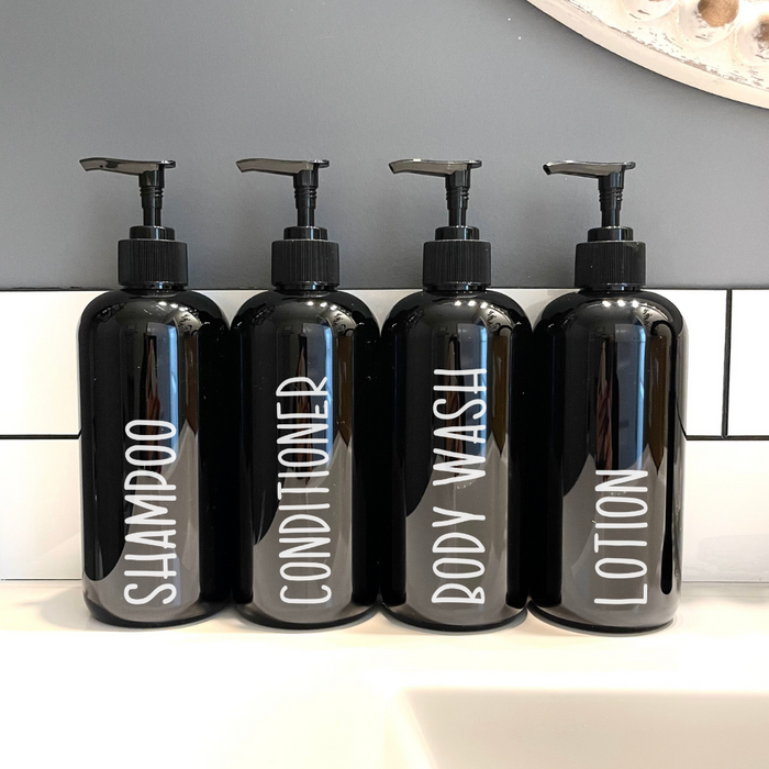 SET of 4 black plastic bathroom bottles with pump