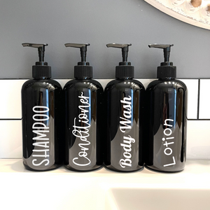 SET of 4 black plastic bathroom bottles with pump, Refillable shampoo & conditioner bottles, Farmhouse bathroom, black lotion bottle
