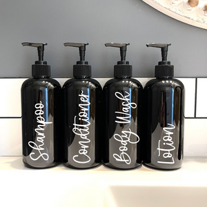 Black Shampoo and Conditioner bottles, black plastic bottles with pump, Farmhouse bathroom, black soap dispensers