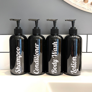 Black Shampoo and Conditioner bottles, black plastic bottles with pump, modern bathroom decor, black pump bottles