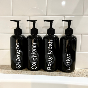 SET of 4 black plastic bathroom bottles with pump, Refillable shampoo & conditioner bottles, Farmhouse bathroom, kid's bathroom decor