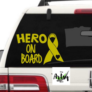 Hero on Board, Gold Ribbon Car Window Decal - The Artsy Spot