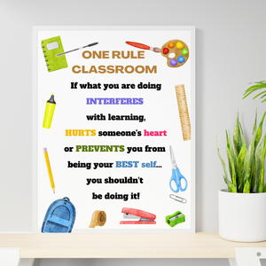 One Rule Classroom POSTER, Premium Matte paper print, Classroom wall art print. Classroom rules Poster with pastel watercolor school supplies