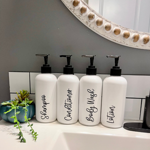 Bathroom bottles, Shampoo bottles, Airbnb decor, VRBO decor