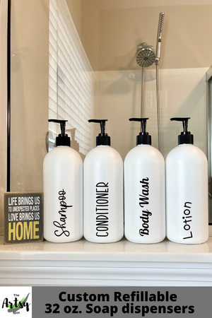 32 oz. Refillable Shampoo and Conditioner bottles, White plastic pump bottles, Kitchen bathroom soap dispensers, Airbnb decor, VRBO bathroom decor ideas
