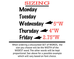 Sizing for whiteboard decals, days of the week decals for school whiteboard