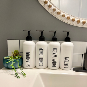 Refillable Shampoo and Conditioner bottles, White plastic bottles with pump