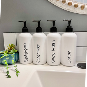 Refillable plastic bathroom bottles with pump, white shampoo and conditioner bottles, the Artsy Spot