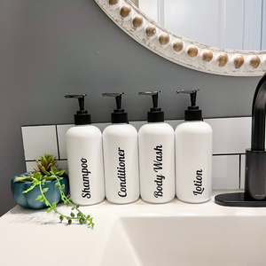Refillable Shampoo and Conditioner bottles, White plastic bottles with pump, modern bathroom refillable bottles, soap dispensers