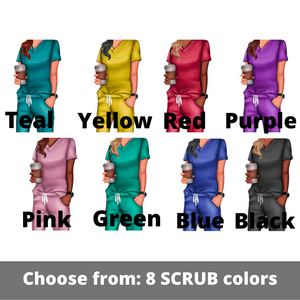 8 scrub color choices for nurse coffee mug, teal, yellow, red, purple, pink, green, blue, and black