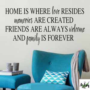 Home is where love resides, Family room decal, Family quote, friends quote 