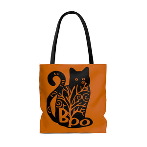 Cat mom bag, Cat bag with BOO cat, Burnt orange and black tote bag for Halloween, Trick-or-treat bag, Fall tote bag