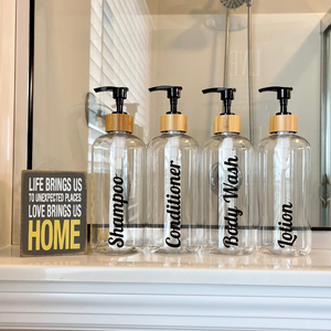 refillable plastic bottles for bathroom, bottles with bamboo pump, Airbnb bathroom decor