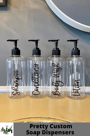 Clear plastic bathroom bottles with pump, Refillable shampoo & conditioner bottles, Farmhouse bathroom, Airbnb ideas, VRBO decor