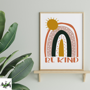 Be Kind rainbow Poster with a sun and be kind quote