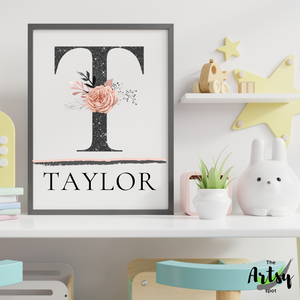 Floral Monogram poster with name, Girl's bedroom name print, Girl's room name wall print, Floral nursery decor 