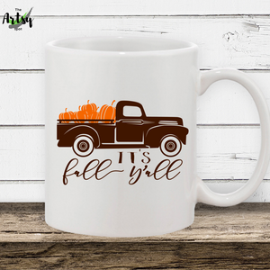 It's Fall Y'all coffee mug with a pumpkin truck image, fall coffee cup gift, fall gift, fall mug, cute Halloween mug