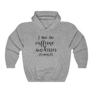 sport gray mom hoodie, hooded sweatshirt for mom, caffeine and kisses hoodie