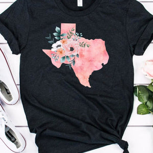 Black heather Watercolor Texas shirt, feminine Texas T-shirt, Texas home state shirt