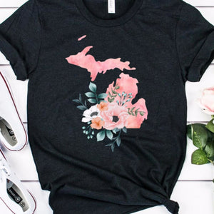 Black heather Watercolor Alaska shirt, feminine Michigan T-shirt, Michigan home state shirt