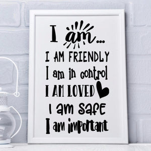 Positive affirmations poster, I am statements, classroom wall decor, print for a child's bedroom