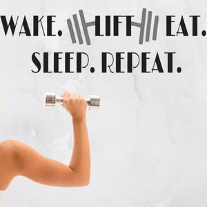 Wake. Lift. Eat. Sleep. Repeat., gym decal, workout decal, barbells