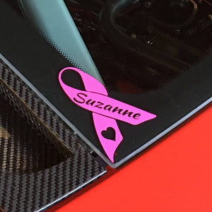 Pink ribbon car window decal personalized with name, breast cancer awareness ribbon