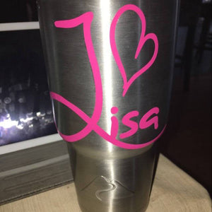Silver Tumbler with the heart design and name decal