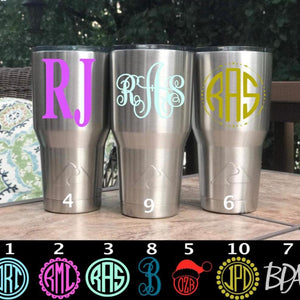 Silver tumblers with monogram decals, Personalized Monogram tumbler gift
